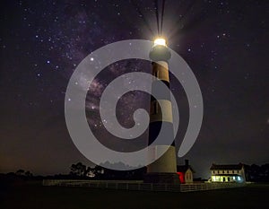 Lighthouse and Milky Way galaxy at night photo