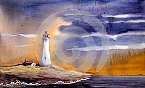 Lighthouse & Monsoon Landscape - Watercolor on Ppaer Painting