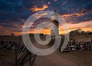 The lighthouse Morups TÃÂ¥nge is built 1843 and situated in a nature reserve on the Swedish West Coast