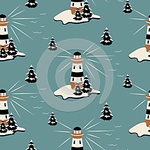 Lighthouse nautical seamless pattern. Seaside landscape illustration background.