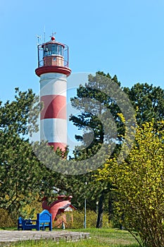 Lighthouse, navigation mark, red-white, flowers, tree, spring