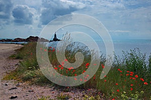 Lighthouse near Ahtopol with popies, Bulgaria