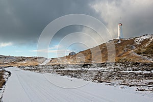 Lighthouse near geothermal area Gunnuhver at winter, Reykjanes Peninsula, Iceland