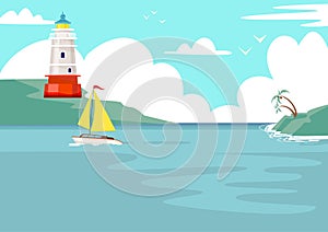 LIghthouse near sea water, vector illustration, ship travel at ocean, nautical landscape with light tower building at