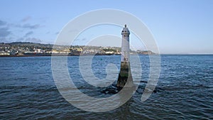 Lighthouse on Ness Cove Beach from a drone, Shaldon, Teignmouth, Devon, England