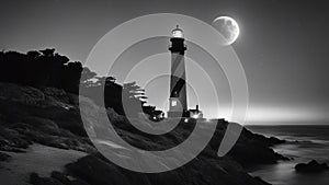 lighthouse at night black and white photo of Romantic lighthouse near Atlantic seaboard shining at night