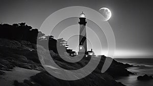 lighthouse at night black and white photo of Romantic lighthouse near Atlantic seaboard shining at night photo