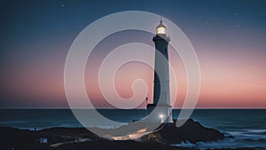 lighthouse at night Romantic lighthouse near Atlantic seaboard shining at night in the bright of the moon