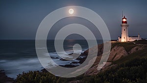 lighthouse at night Romantic lighthouse near Atlantic seaboard shining at night in the bright of the moon