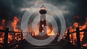 lighthouse at night A scary lighthouse in a hellish fire, with , flames,