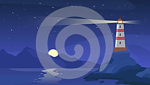 Lighthouse at night. Sea beacon with beam on rocky coast. Cartoon navigation light tower on seashore, starry sky and