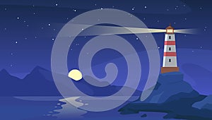 Lighthouse at night. Sea beacon with beam on rocky coast. Cartoon navigation light tower on seashore, starry sky and ocean vector