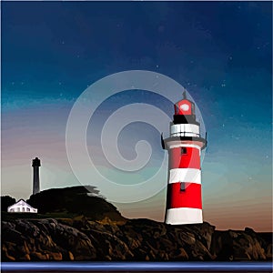 Lighthouse at night. Sea lighthouse with moon on rocky coast. Cartoon