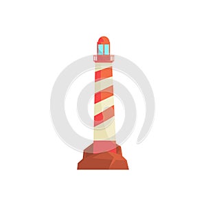 Lighthouse, ocean beacon, searchlight tower for maritime navigation guidance vector Illustration