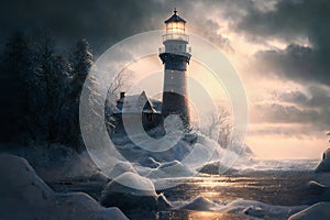 Lighthouse and ocean with dramatic sky in winter