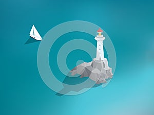 Lighthouse in ocean. Low poly design building. Sea