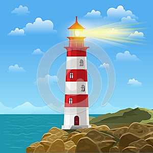 Lighthouse on ocean or sea beach cartoon background vector illustration