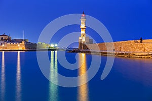 Lighthouse in old harbour of Chania on Crete