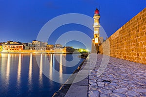 Lighthouse in old harbour of Chania on Crete