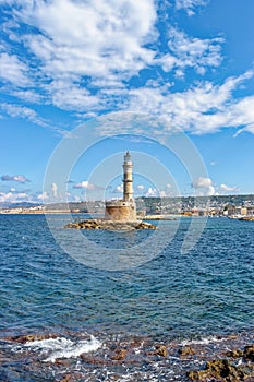 Lighthouse in the Old Venetian Harbour in Chania . Crete. Greece