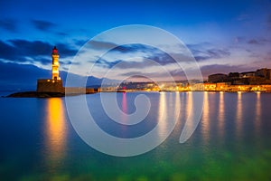 Lighthouse of the old Venetian port in Chania, Crete. Greece