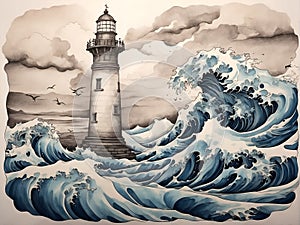 Lighthouse Painting With Large Wave in Front. Generative AI.