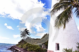 Lighthouse among palm trees on the shore of the Atlantic Ocean. Florida. USA.