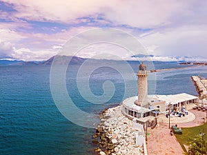 Lighthouse in Patras. Aerial drone photo of famous town and port of Patras, Peloponnese, Greece