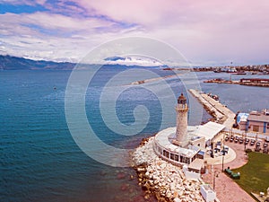 Lighthouse in Patras. Aerial drone photo of famous town and port of Patras, Peloponnese, Greece