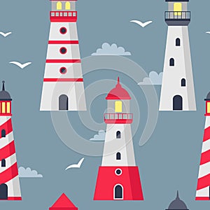Lighthouse pattern, travel light building. Blue sea security or safety equipment, ocean adventures. Childish print