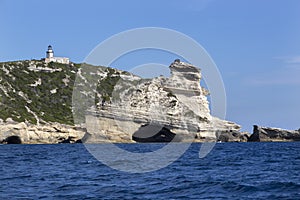Lighthouse Pertusato overlooks a famous rock, Coast of Bonifacio, Corsica