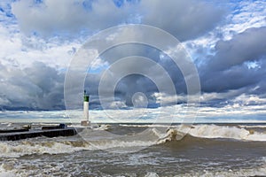 Lighthouse and Pier in Stormy Weather - Lake Huron