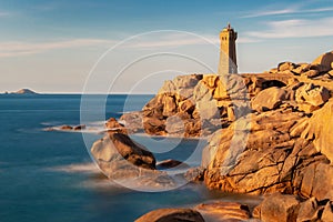 Lighthouse of Ploumanach at golden hour in Perros-Guirec, CÃ´tes d`Armor Brittany, France