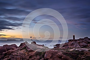 Lighthouse of Ploumanach at sunset in Perros-Guirec, CÃ´tes d`Armor, Brittany France