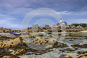 Lighthouse Pontusval on Kerlouan beach in Finistere in Brittany