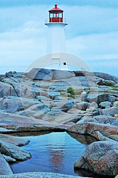 Lighthouse and Reflection at Peggy`s Cove in Nova Scotia