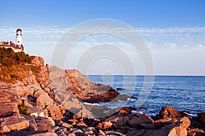 Lighthouse, Rock beach Dongbaek island sunset in the Haeundae Di