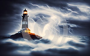 Lighthouse on the rock in heavy storm. Generative Al Illustration