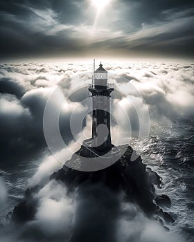 Lighthouse on a rock in the sea with low clouds over the ocean backlit by the sun, made with generative ai