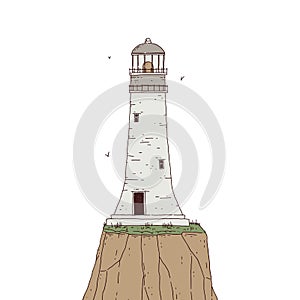 Lighthouse on the rock. Signal tower searchlight vector graphic line sketch isolated illustration.