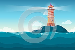 Lighthouse on rock stones island cartoon vector background