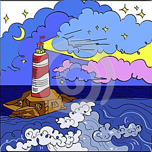 Lighthouse on rock stones island cartoon vector background. Beacon in ocean for navigation illustration