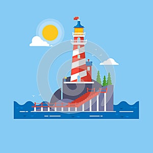 Lighthouse on rock stones island cartoon vector background. Vector illustration