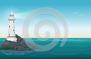 Lighthouse on rock stones island landscape. Navigation Beacon building in ocean. Vector illustration.