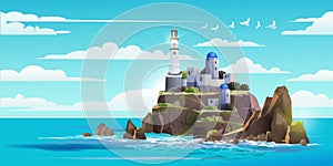 Lighthouse on rock stones island summer landscape. Greece architecture. Navigation Beacon building in ocean. Vector