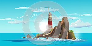 Lighthouse on rock stones island summer landscape. Navigation Beacon building in ocean. Vector illustration