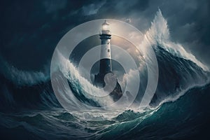 Lighthouse on the rock in a stormy ocean with giant waves. AI Generated