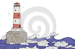 Lighthouse on rock among stormy sea waves. Landscape with signal tower searchlight with red stripes and water for banner