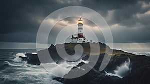 lighthouse on the rocks Lighthouse In Stormy Landscape - Leader And Vision Concept