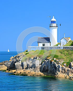 Lighthouse, rocky coast, Loutre island, France, Guernsey, bretagne, blue sky, white building, photo realistic, wide angle, high